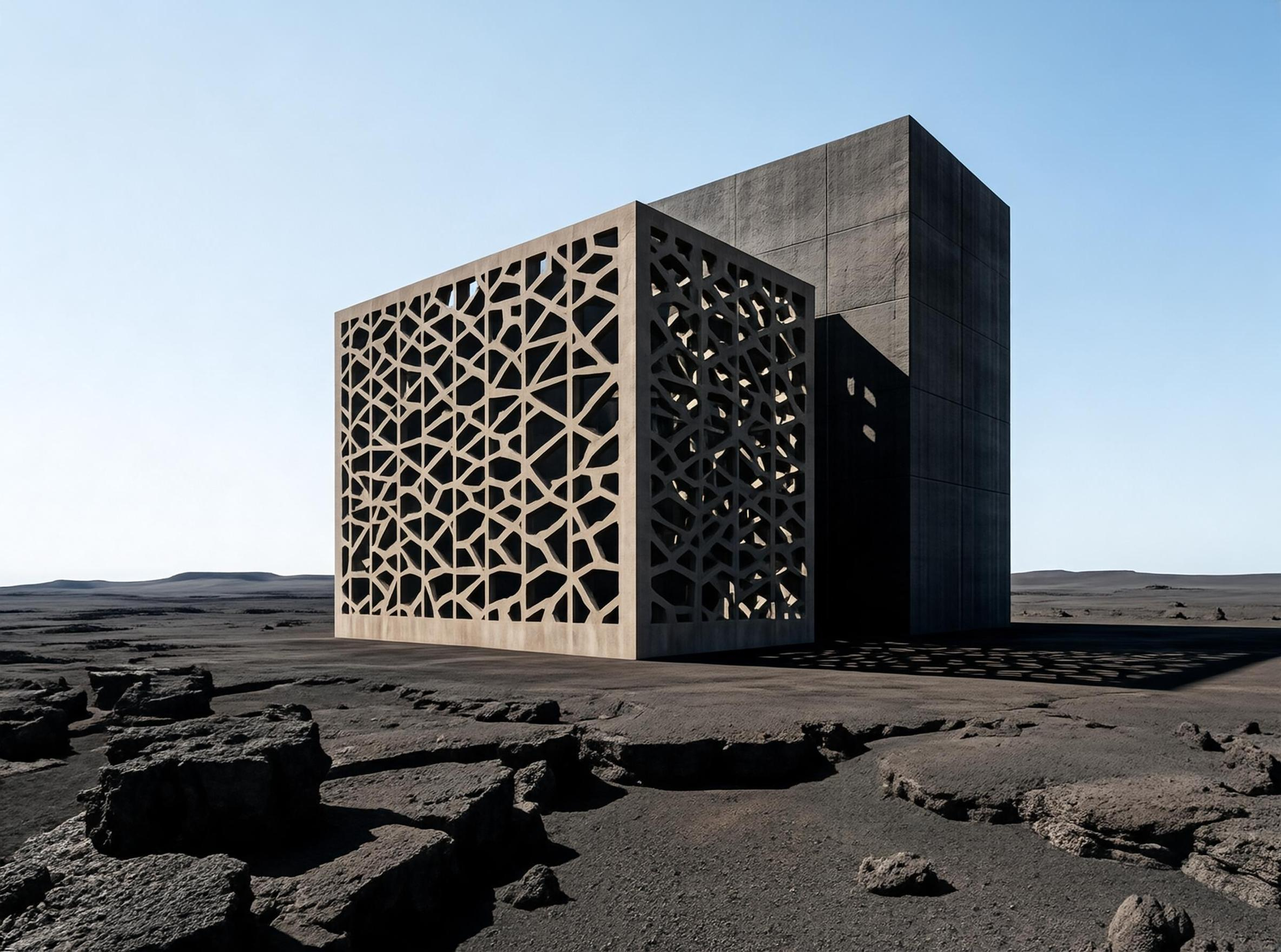 Modern Concrete Structure in Barren Landscape