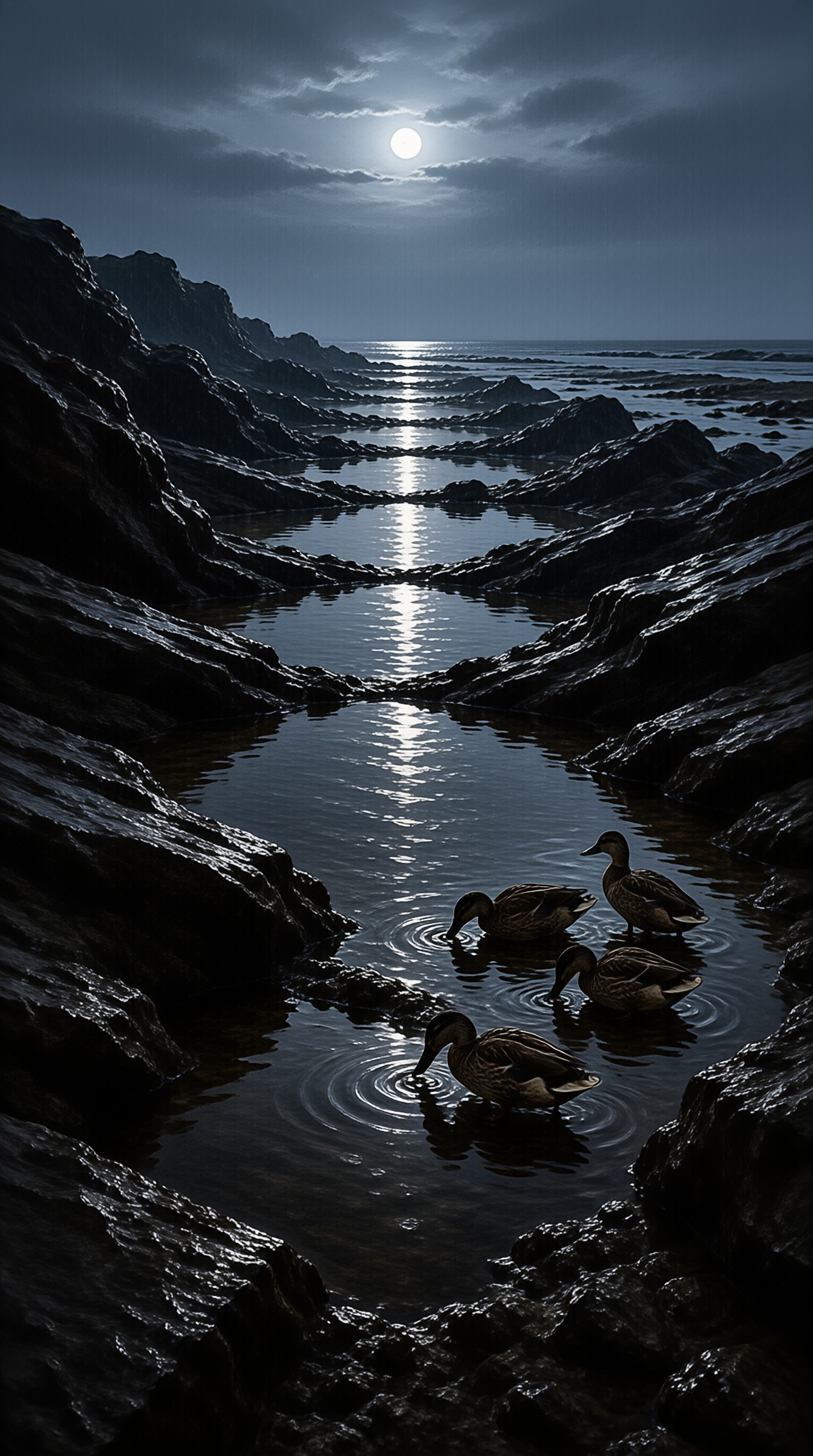 Four wild ducks stand in dark water between wet rocks under a bright moon reflecting on the sea.