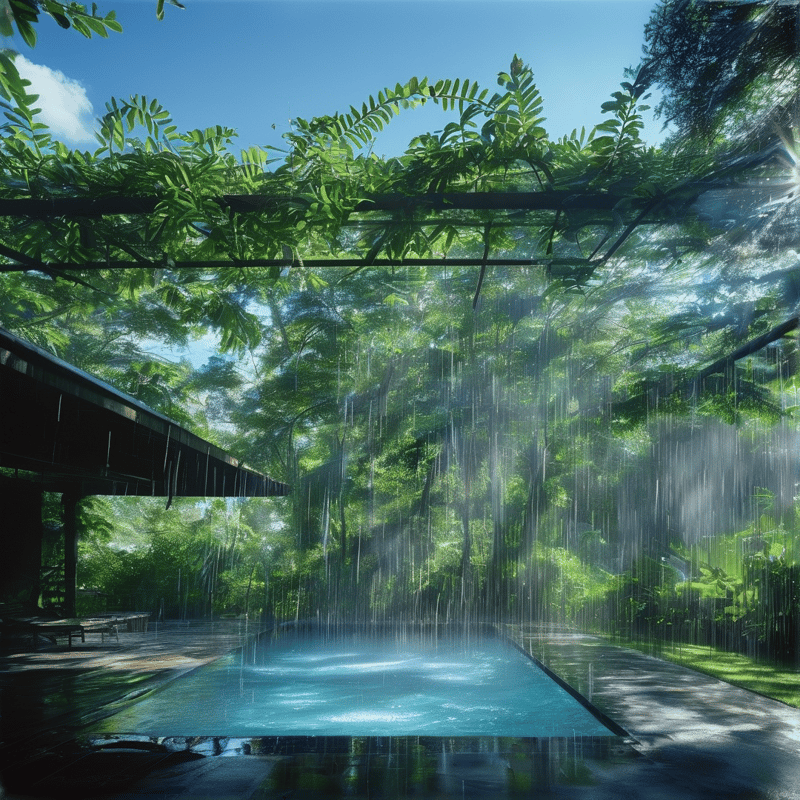 A rectangular pool rests under a wooden trellis covered in green vines while sunbeams filter through the leaves above.