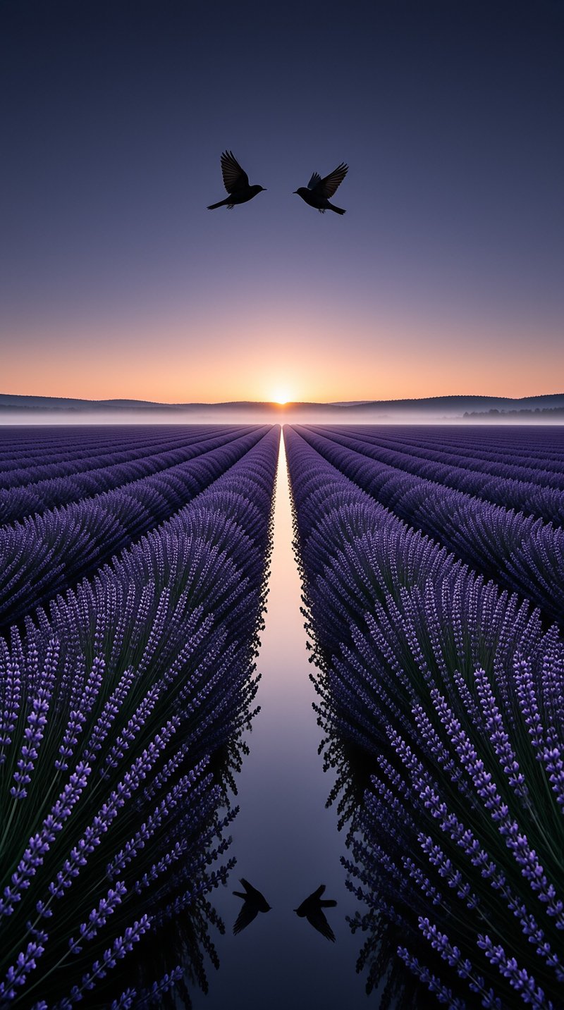 Birds fly above purple lavender rows mirrored in a water channel leading to a bright orange horizon.