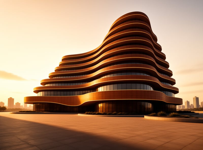 A curving bronze-clad building ripples in layered bands across an empty plaza at golden dusk.