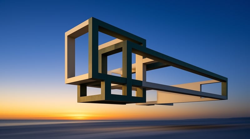 A complex open geometric sculpture hovers above an empty still salt flat under warm golden sunset light.