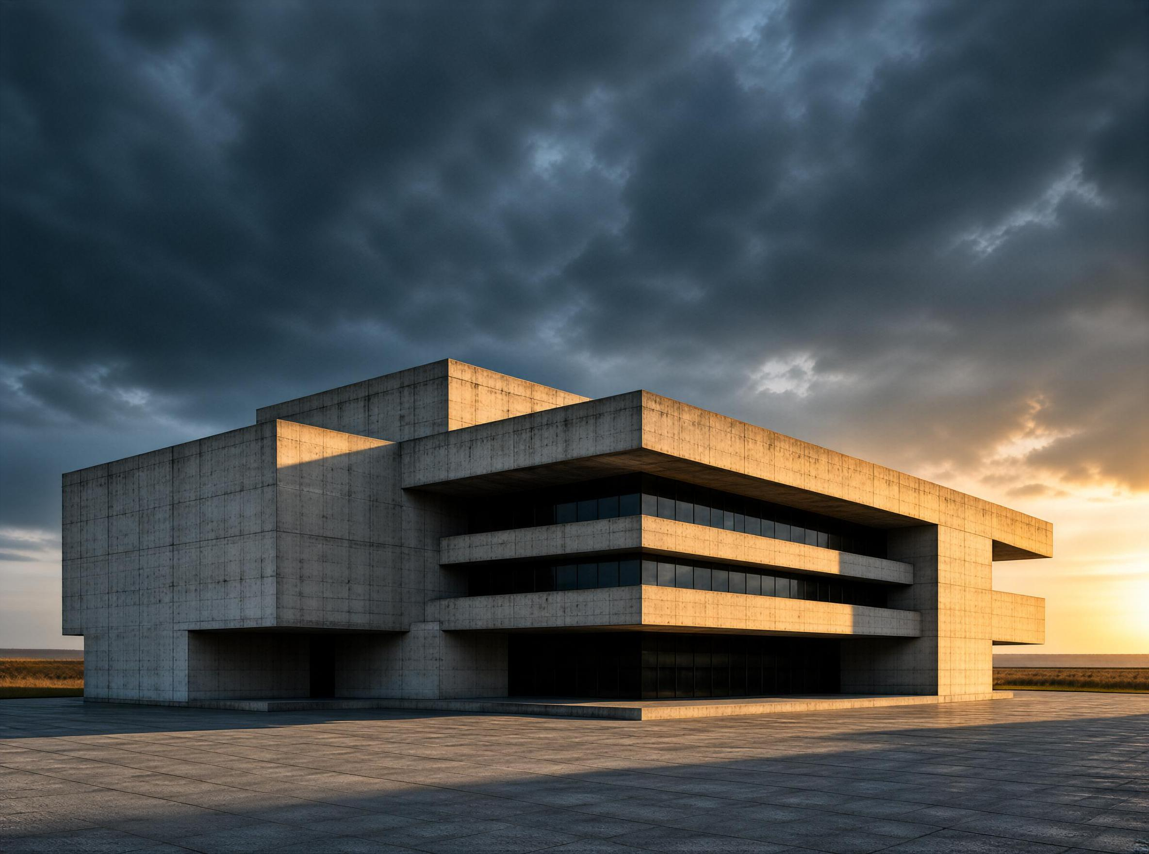 Modern Concrete Building at Sunset