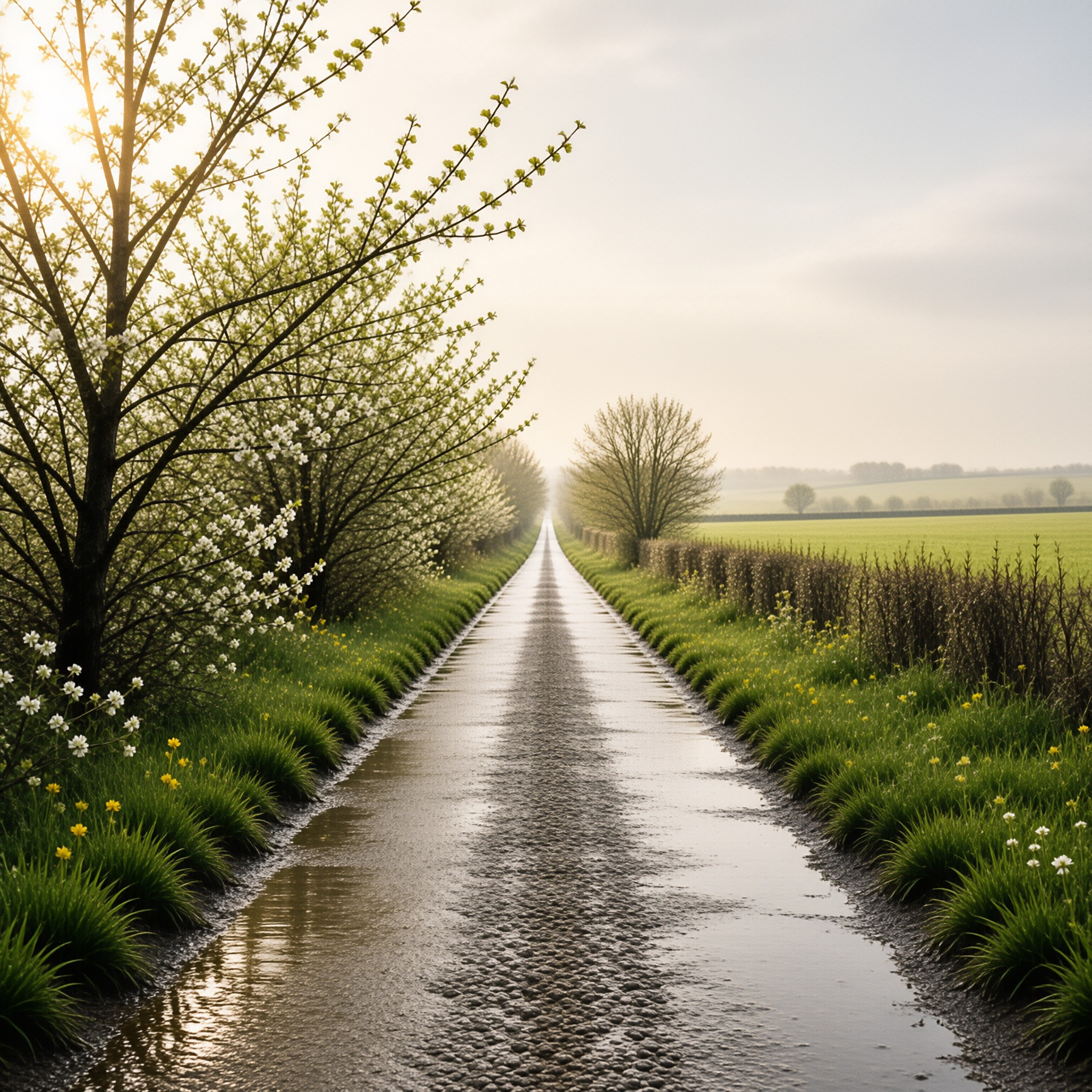 A wet gravel country lane stretches towards the horizon flanked by flowering branches and green fields under a bright sky.