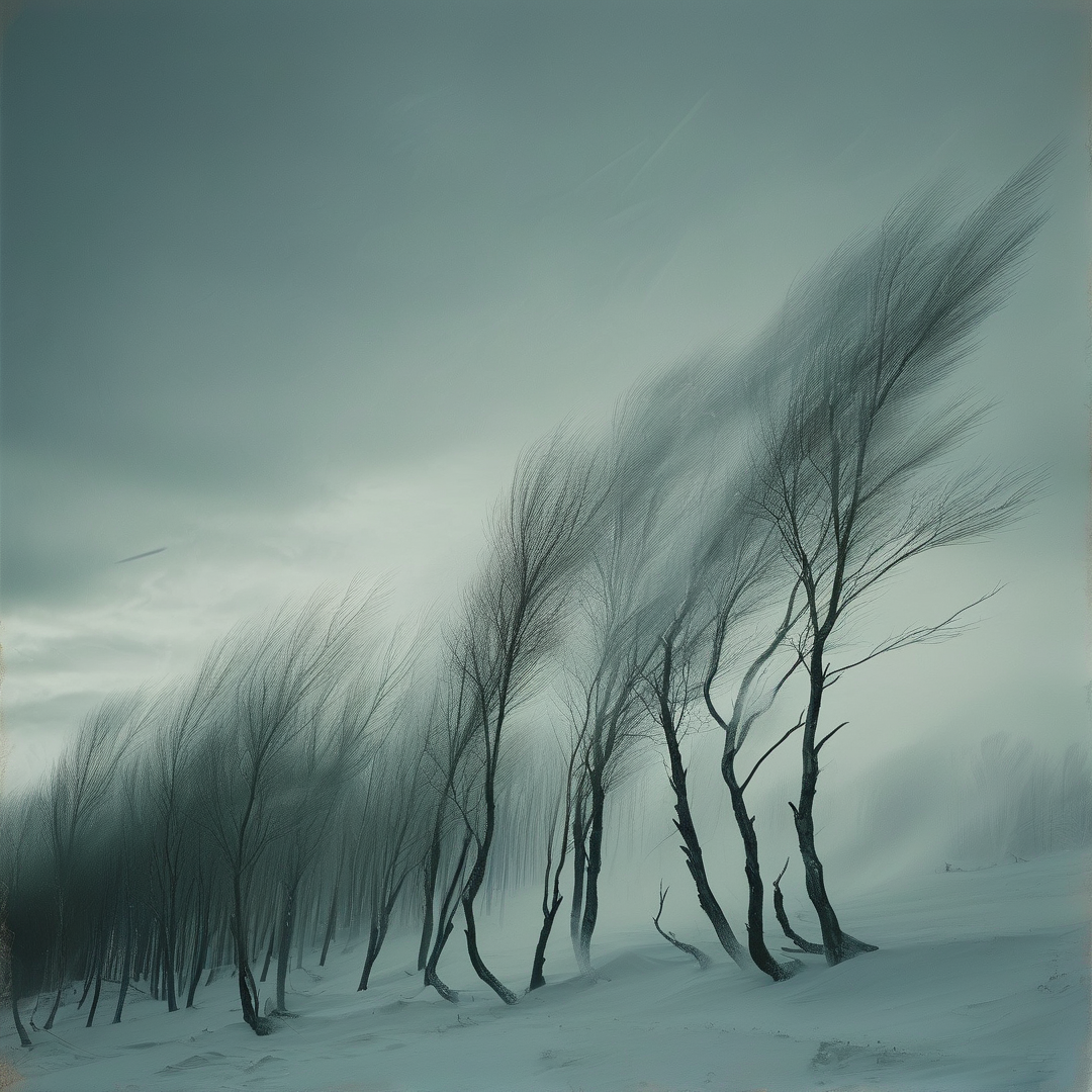 Snowy Trees Bending in Wind