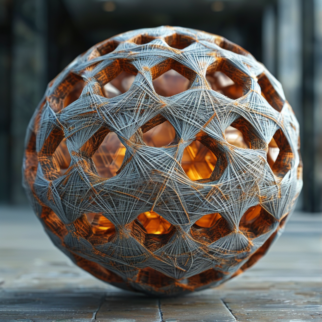 A spherical wooden lattice structure filled with intricate string webbing sits on a wooden surface, glowing with warm interior light.