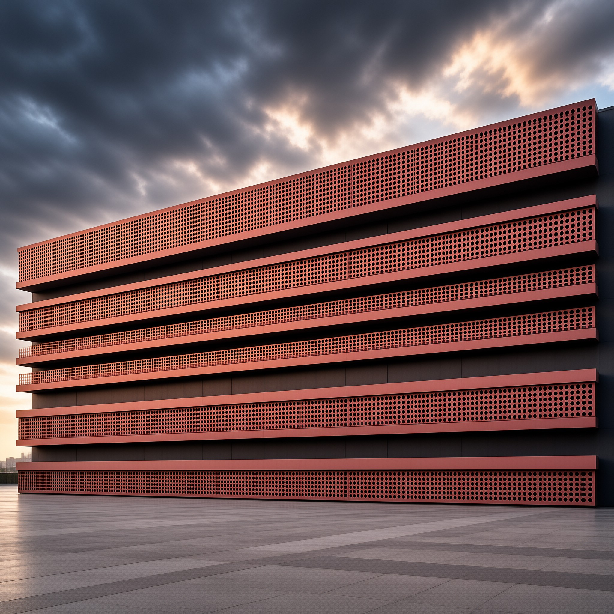 Horizontal bands of coral-red perforated screens wrap a modern building beneath a heavy dramatic cloud.