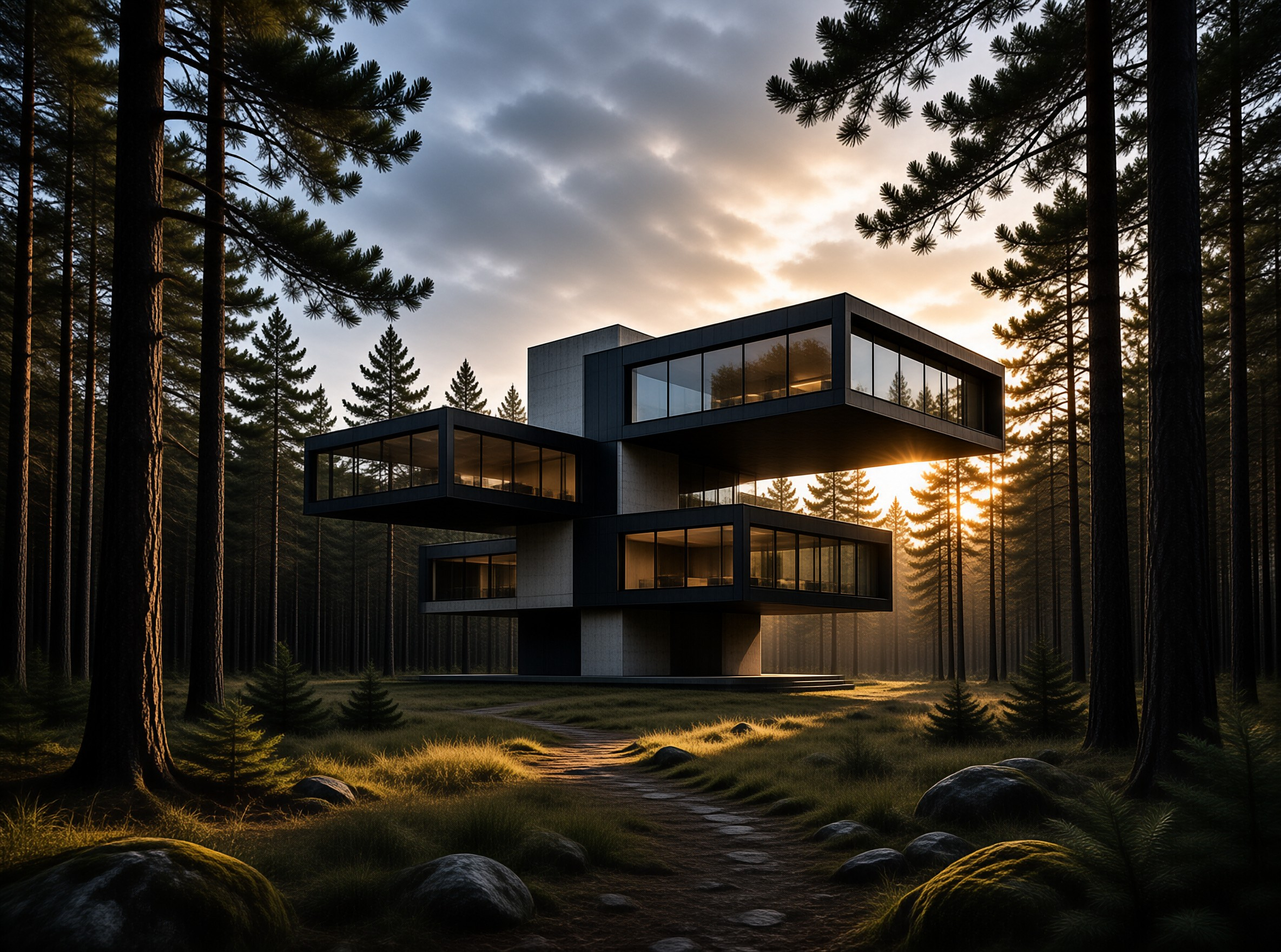 Modern Forest House at Sunset
