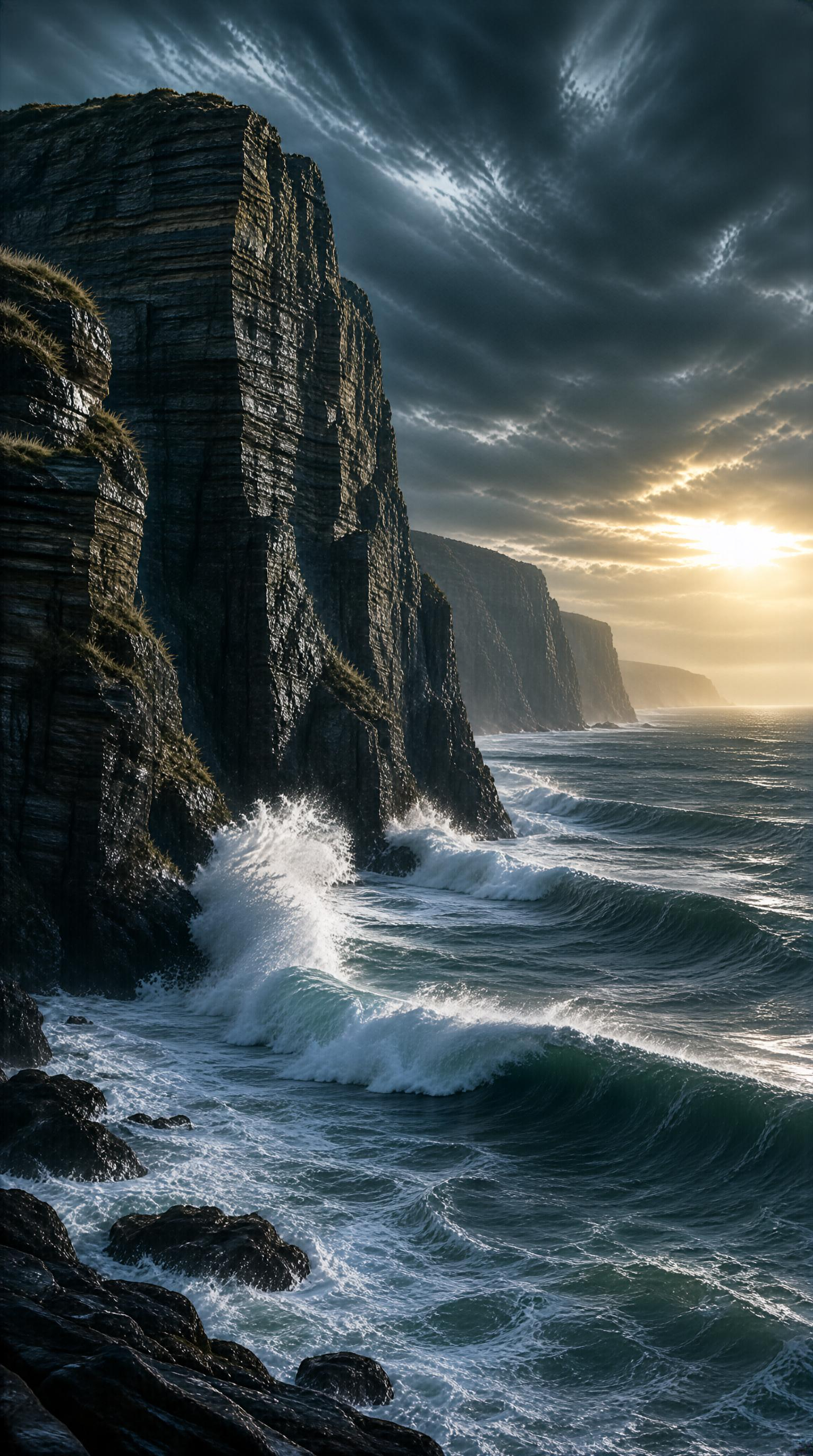 Coastal Cliffs and Ocean Waves at Sunset