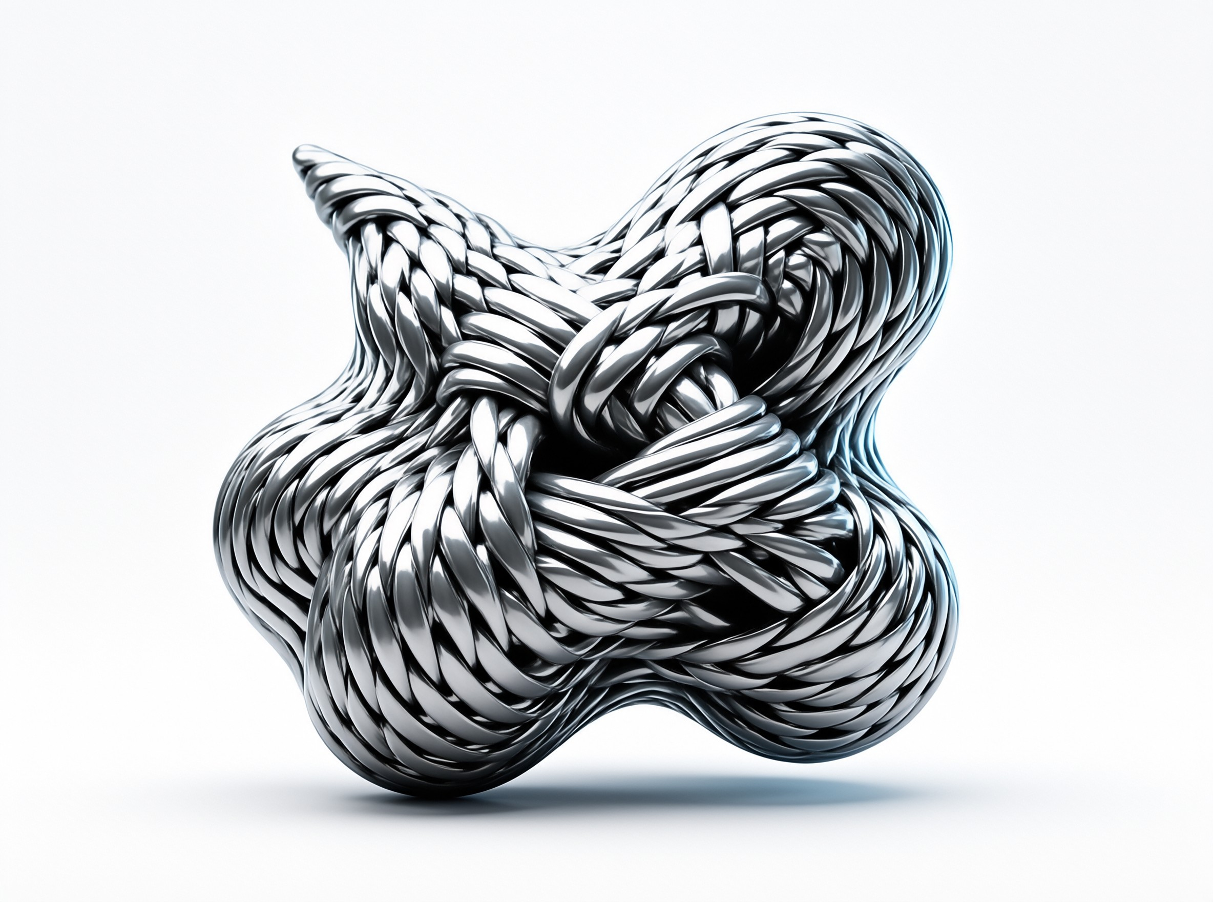 Shiny chrome strands weave together forming a knot suspended over a clean white backdrop.