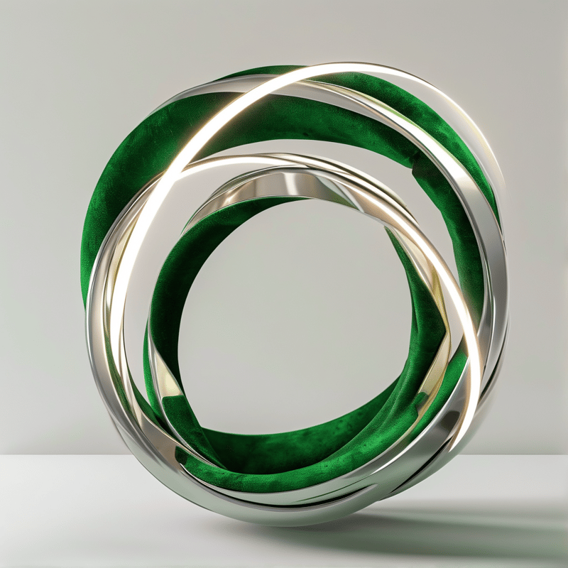 Interlocking silver bands cradle a loop of deep emerald velvet against a soft neutral studio backdrop