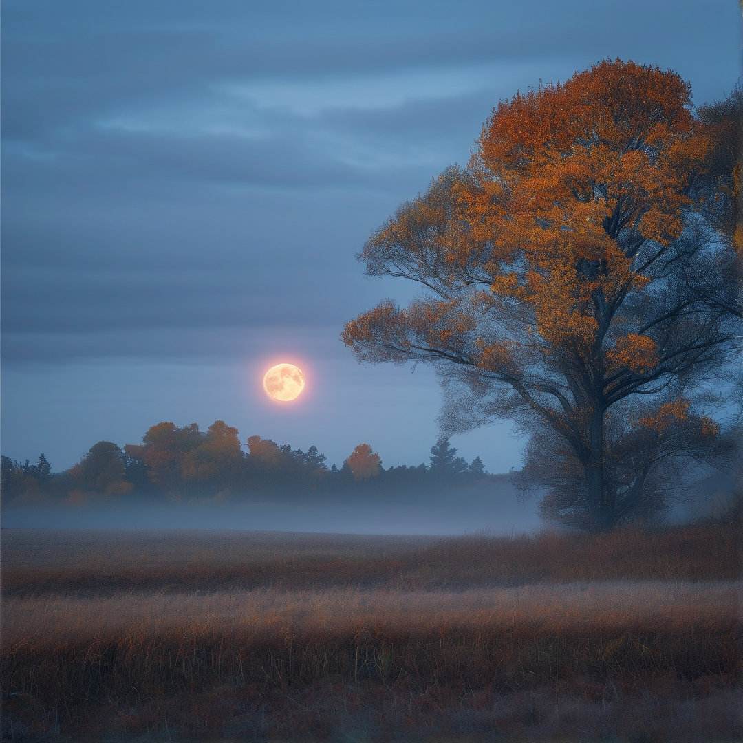 Autumn Moon over Misty Field