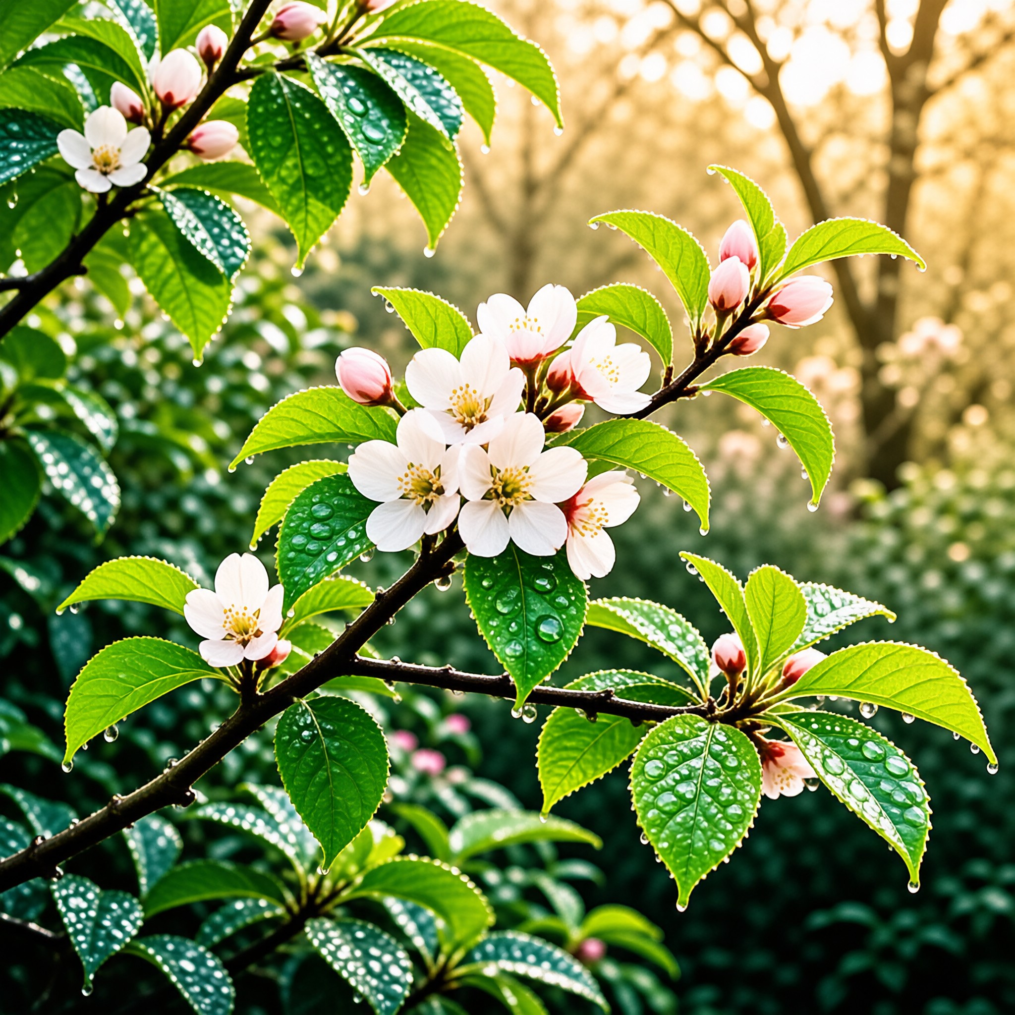 Fresh white blossoms and wet green leaves hang from a dark branch under bright natural sunlight.