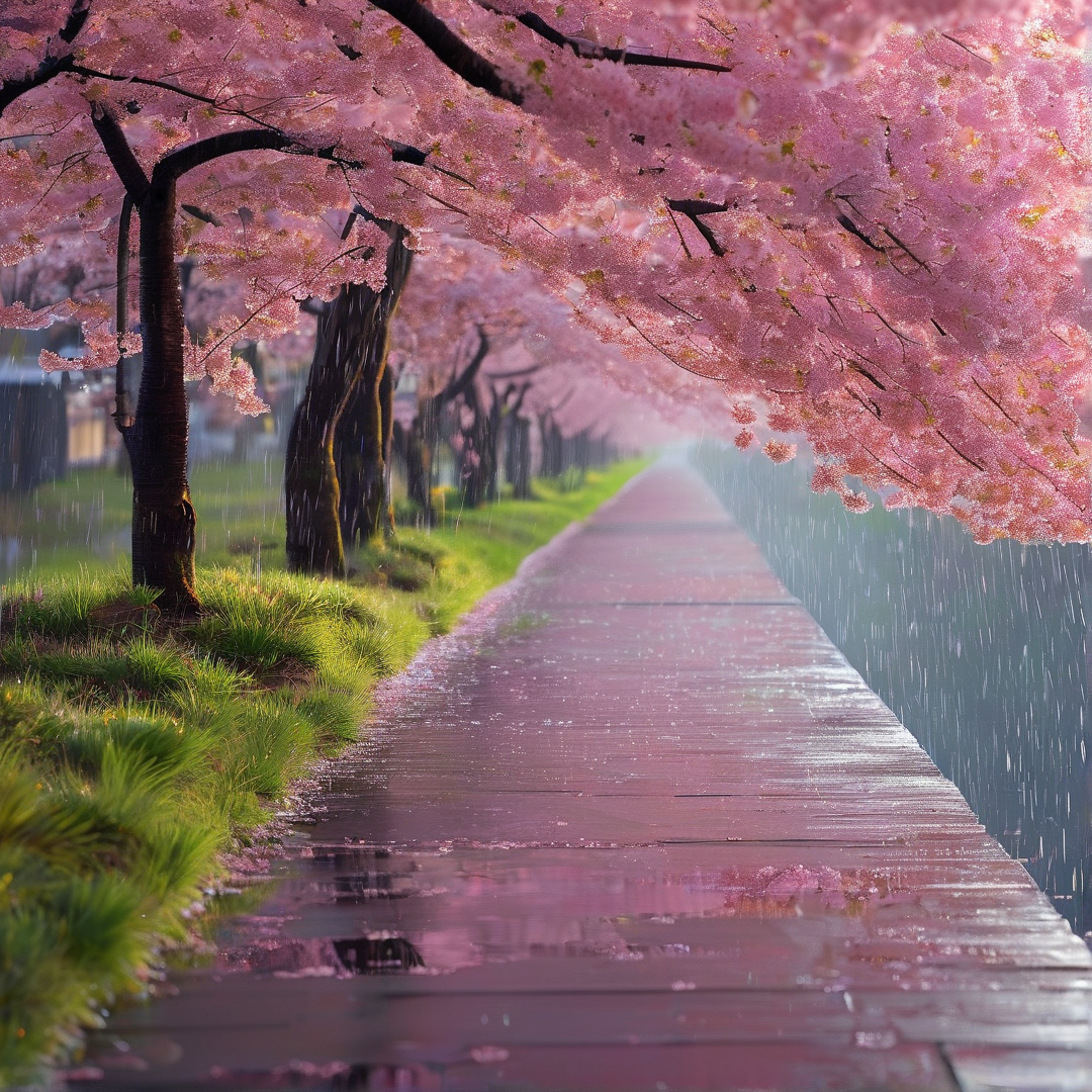 Cherry Blossom Path in Rain