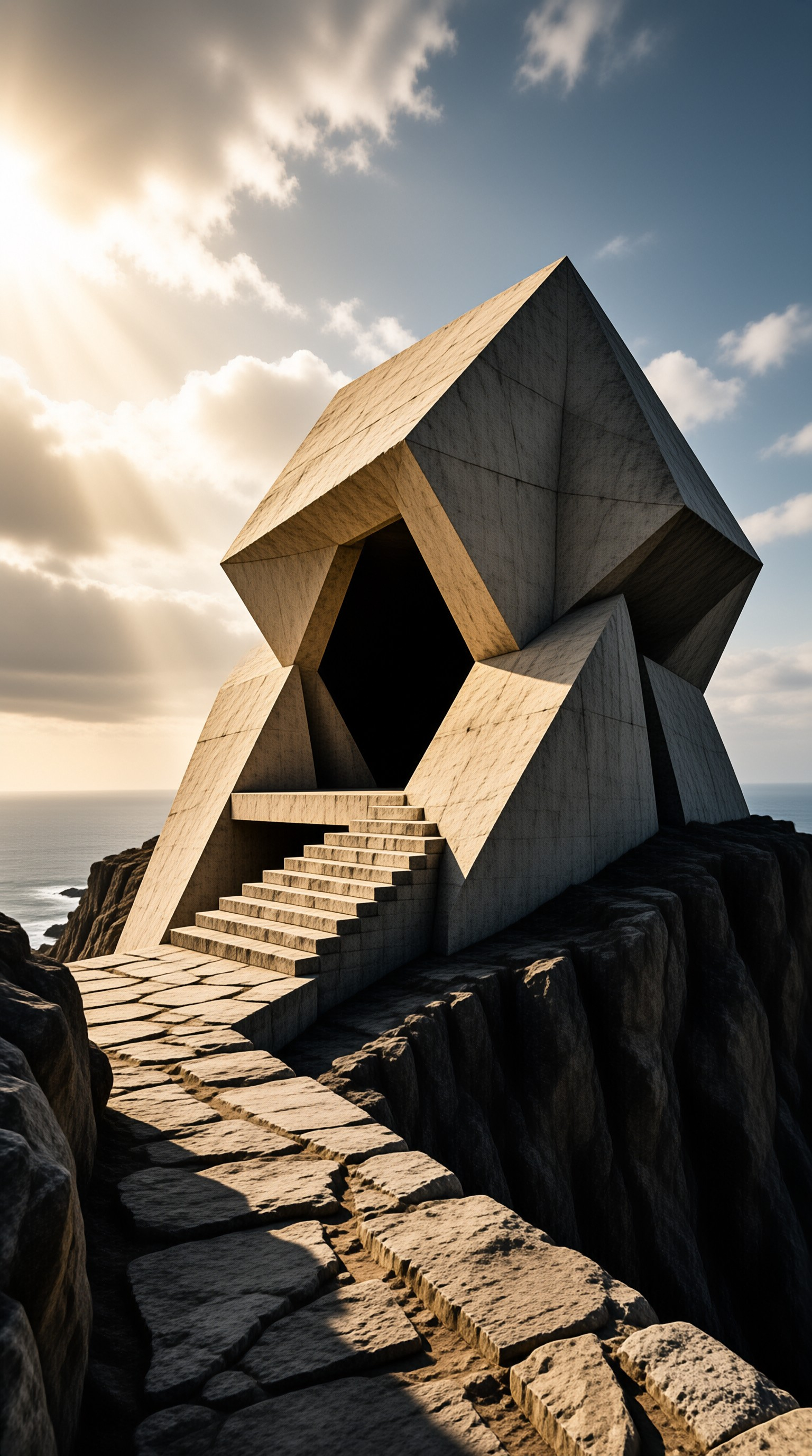 Geometric stone building perched on coastal cliffs with stone steps leading to a hexagonal opening under bright sunlight.