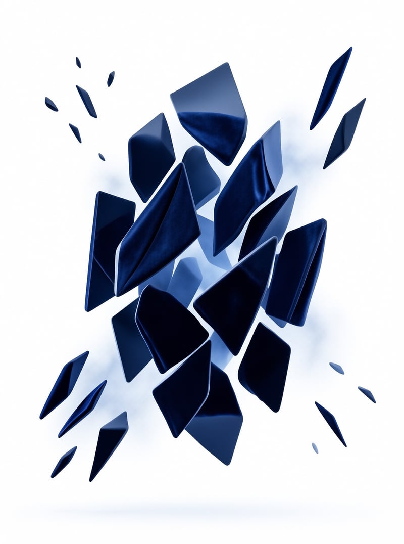 Cluster of glossy navy geometric fragments suspended in empty space with soft diffused shadows.