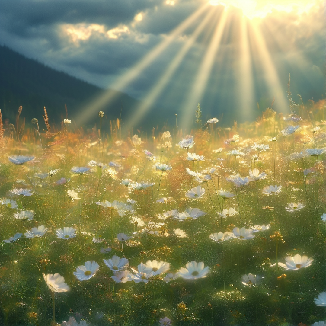 Sunbeams over flower field