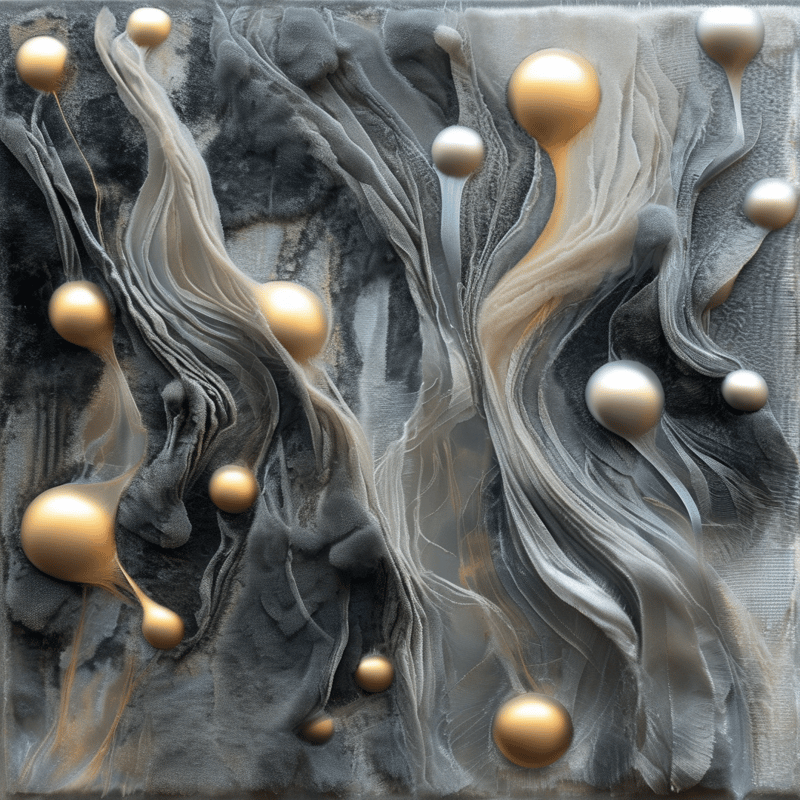 Polished golden spherical droplets sit in dark grey and cream rippled layered surfaces with soft directional lighting