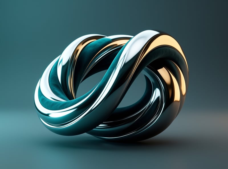 Two glossy loops braid together in deep teal metal with bands of warm gold reflecting soft studio light