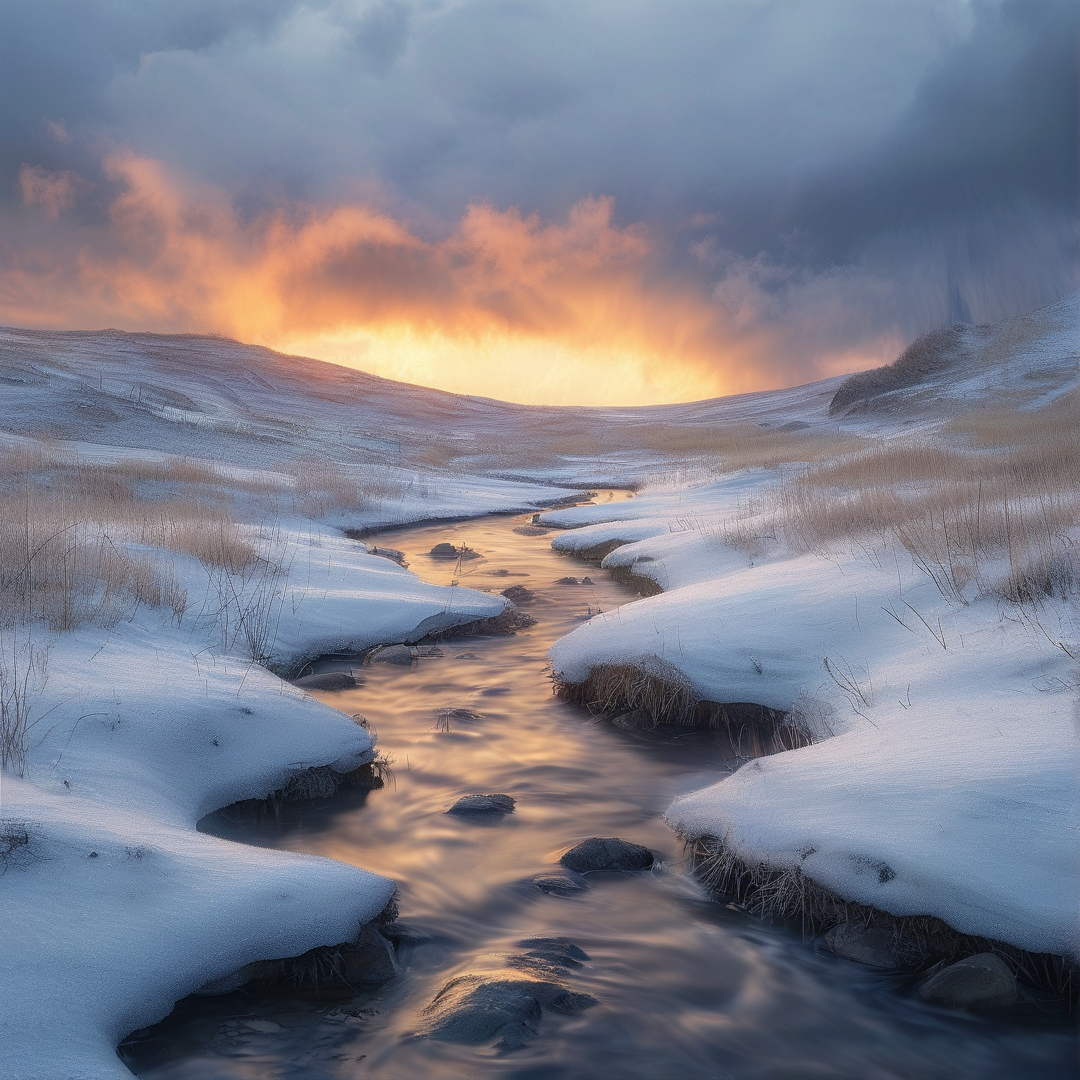 Winter Stream at Sunset
