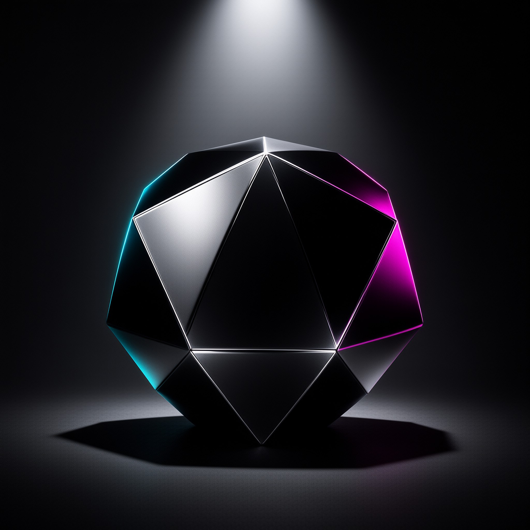 A black faceted icosahedron stands under a single overhead spotlight, with cyan glow along its left edge and magenta glow along its right edge against a dark room.