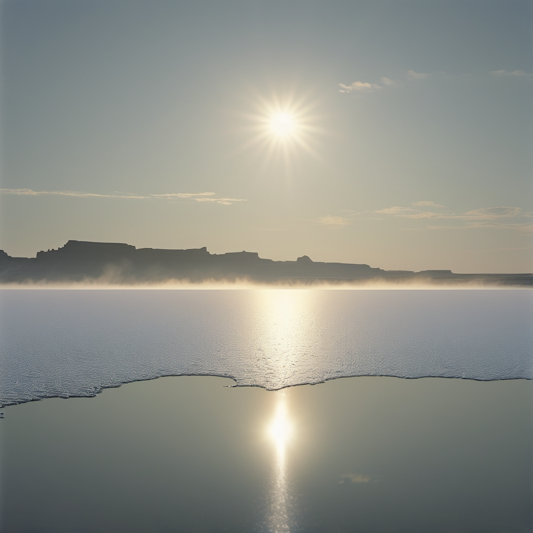 Calm waters mirror the intense sunlight beneath a hazy sky where jagged dark formations stretch across the horizon.