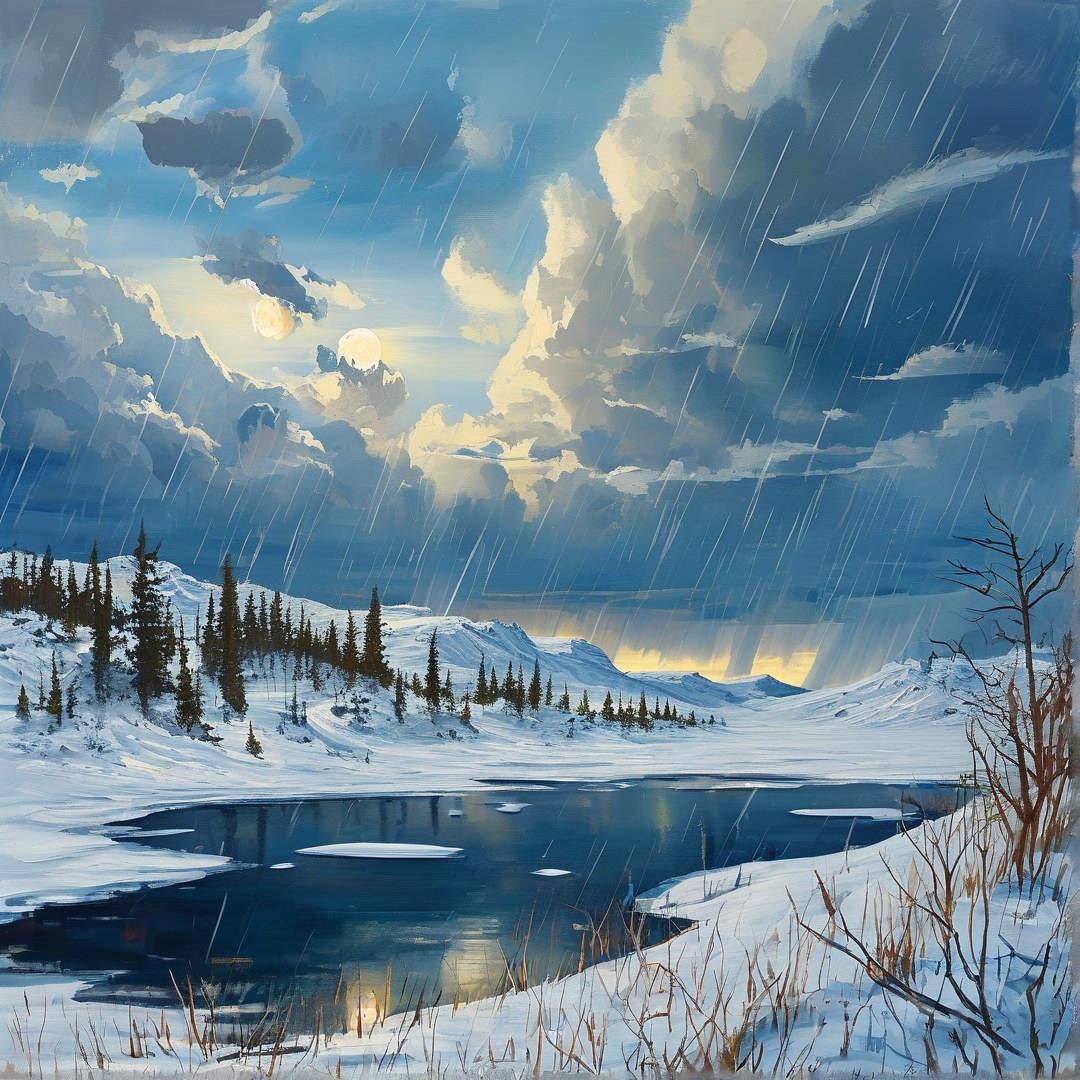 Two pale moons glow behind storm clouds while rain sweeps across a snowy mountain lake framed by dark evergreens.