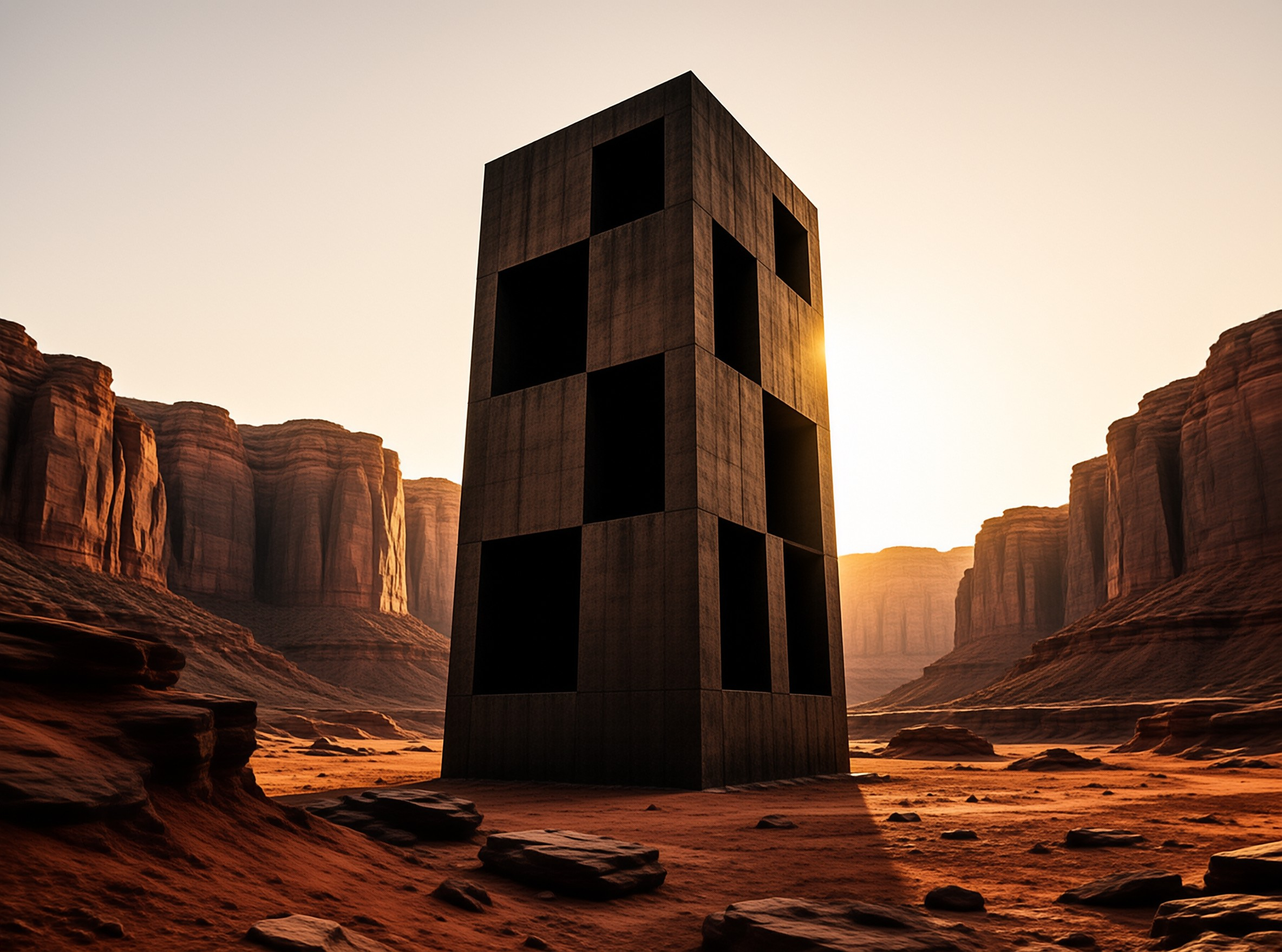A gray concrete tower with square holes stands in a red desert canyon illuminated by low golden sunlight.