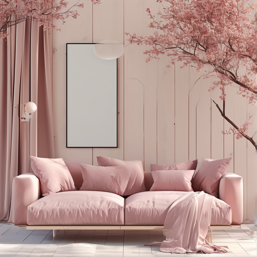 Pink Sofa and Blossom Wall