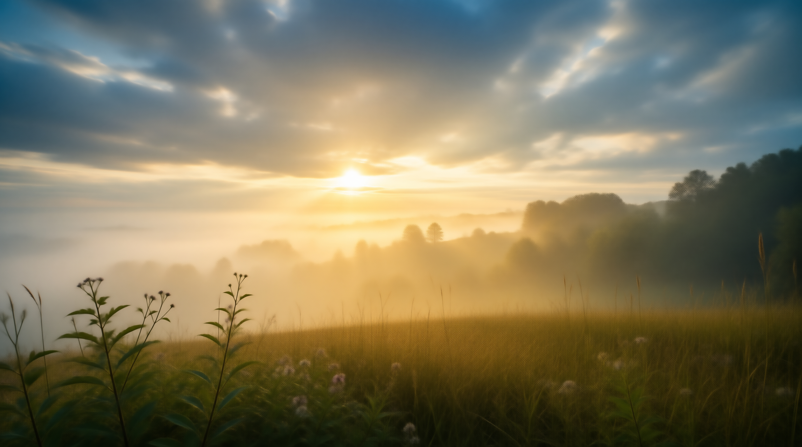 Misty Sunrise Over Grassland