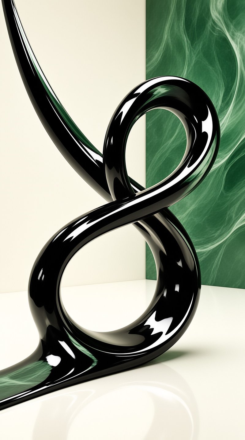 A glossy obsidian band twists into two open circles where a cream wall meets a veined emerald panel