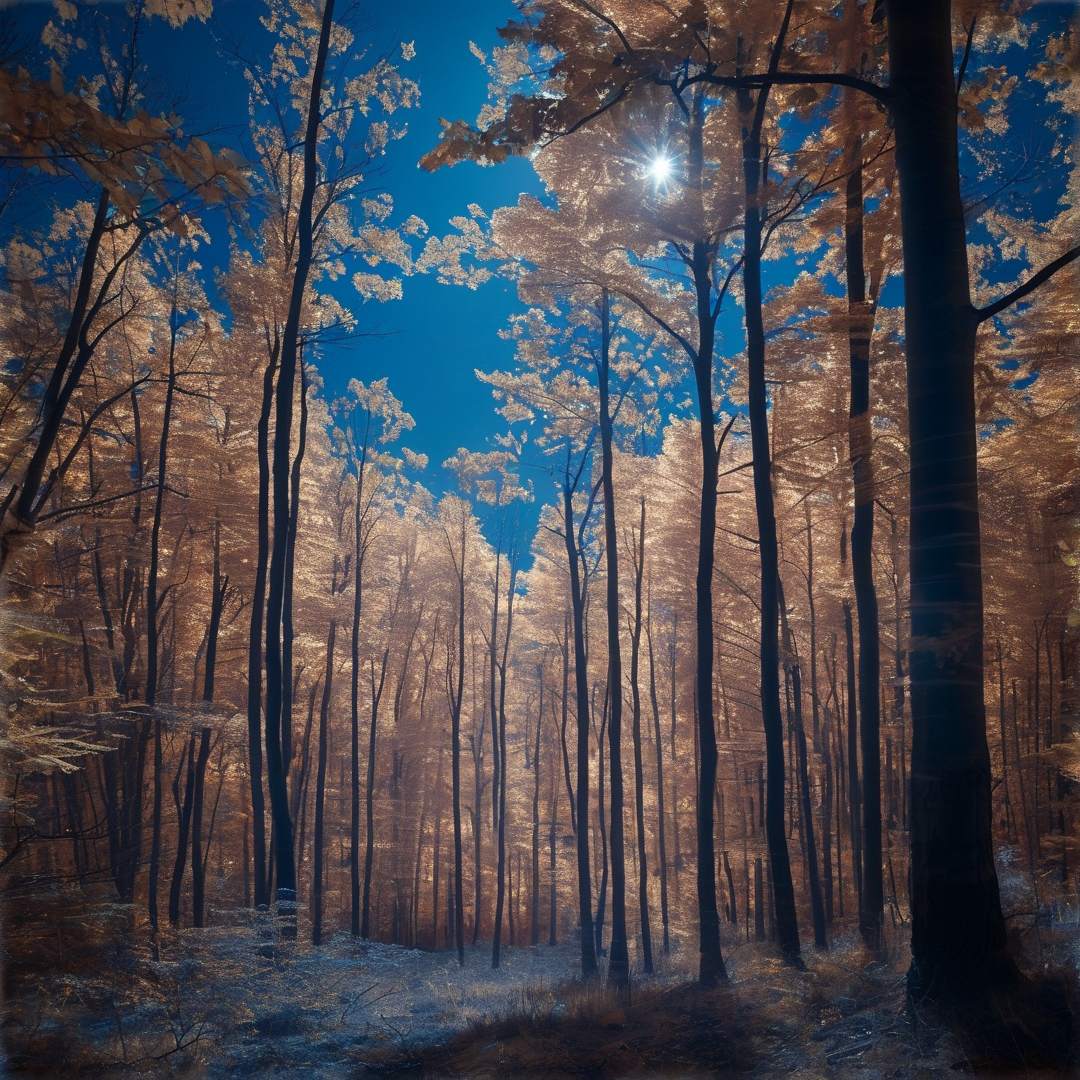 Frosty tall pine trees fill a forest, bright sun shines through their branches against a clear blue sky