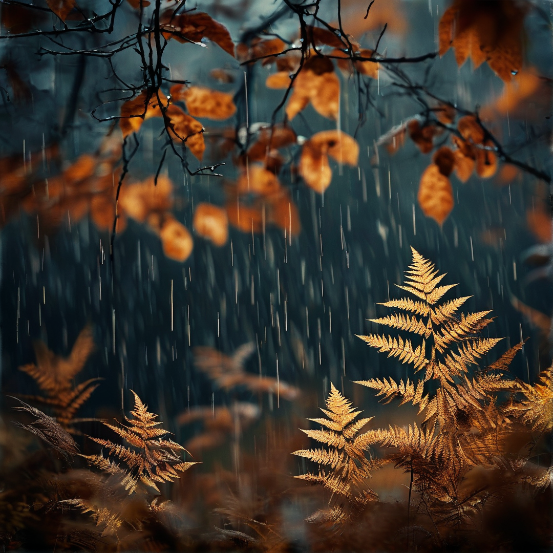 Orange ferns and hanging leaves contrast with a dark background while vertical rain streaks fall through the branches.