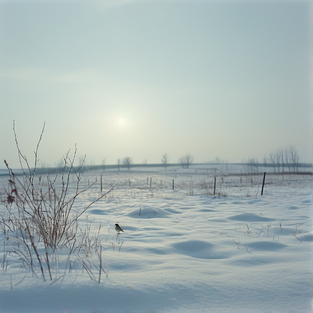 A small bird stands on a snowy field near bare bushes under a pale winter sky.