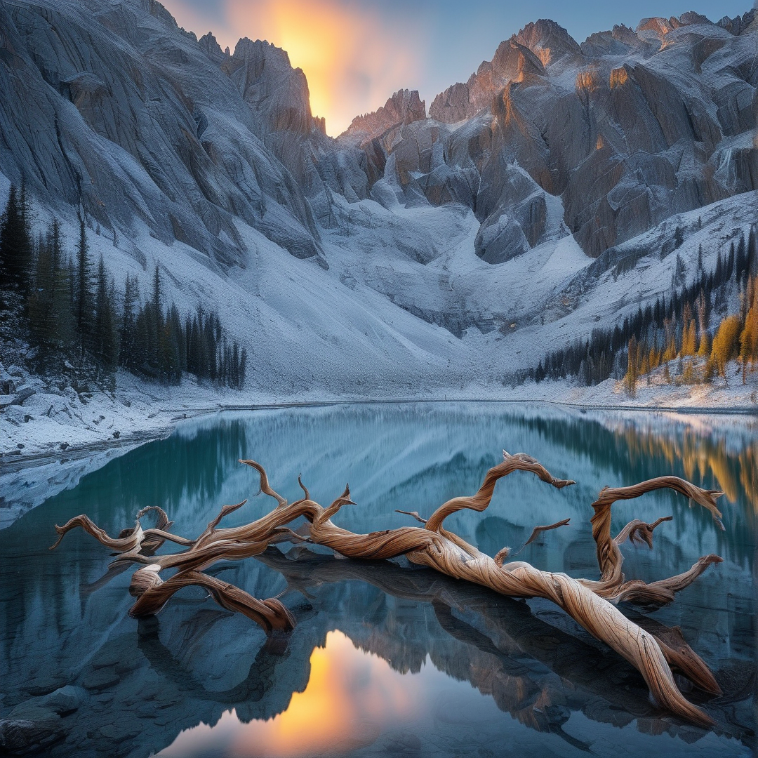 Twisted pale wood rests in a blue alpine lake as golden sunlight hits the snowy mountain peaks and reflections.