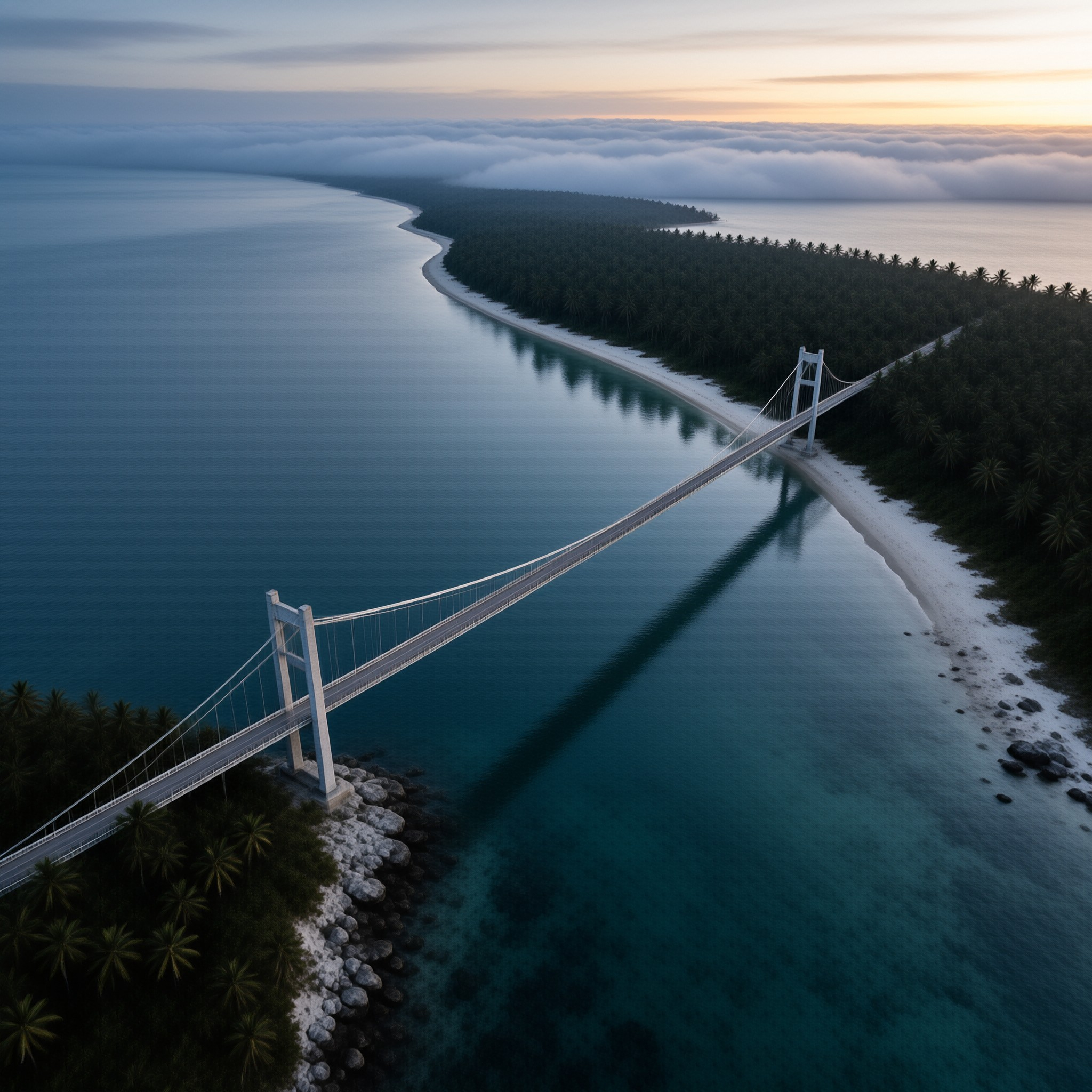 A white suspension bridge crosses calm water next to a palm forest, with heavy fog covering the horizon under dawn light.