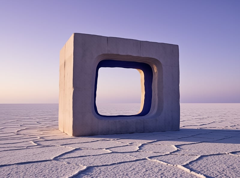 A massive hollow concrete block rests on a cracked salt flat under a soft purple and blue gradient sky.