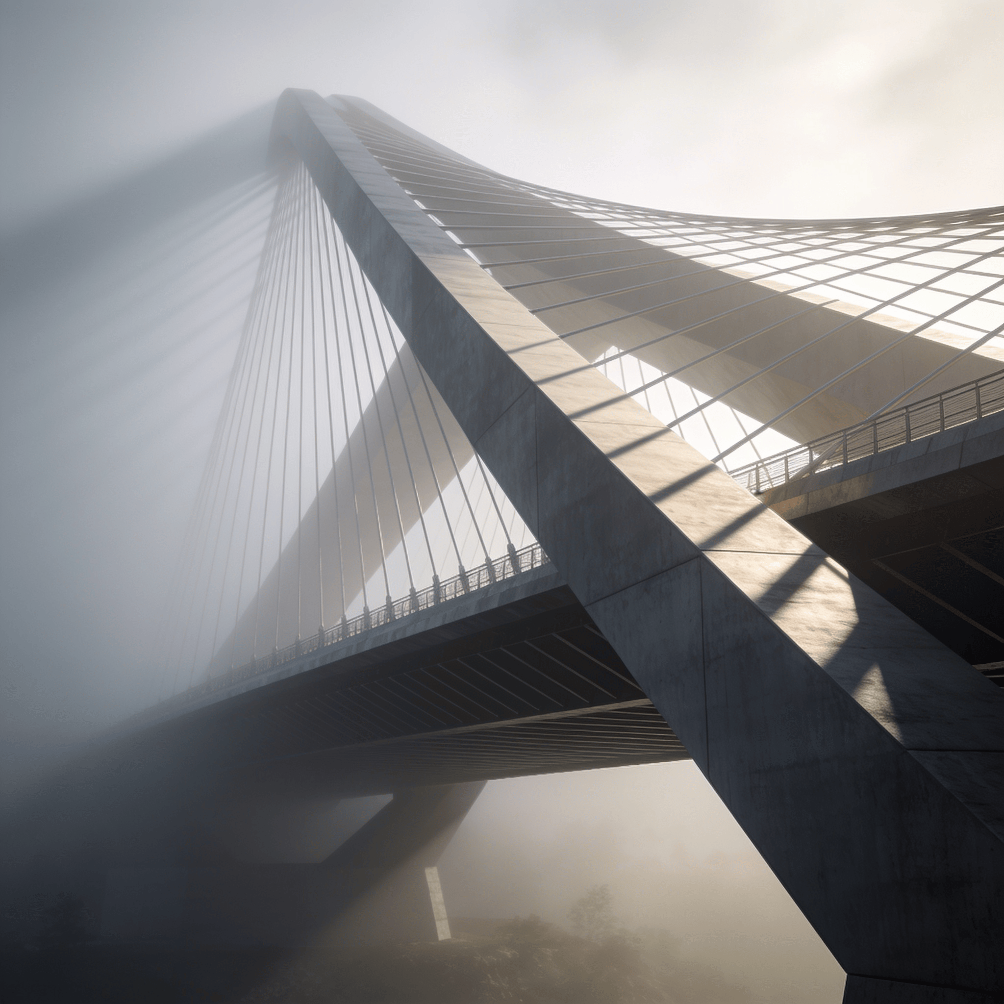 Bridge with Tensile Structure — Foggy Morning