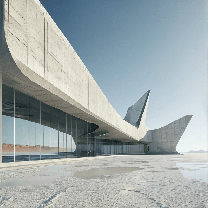Sculpted concrete pavilion on a wide salt flat under a clear pale blue sky, glass facades reflect distant desert dunes.
