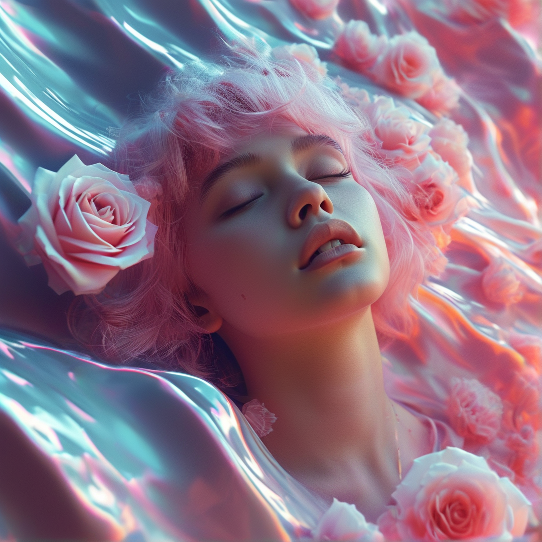 A person with pink hair lies on shiny metal surrounded by roses under soft colorful lighting.