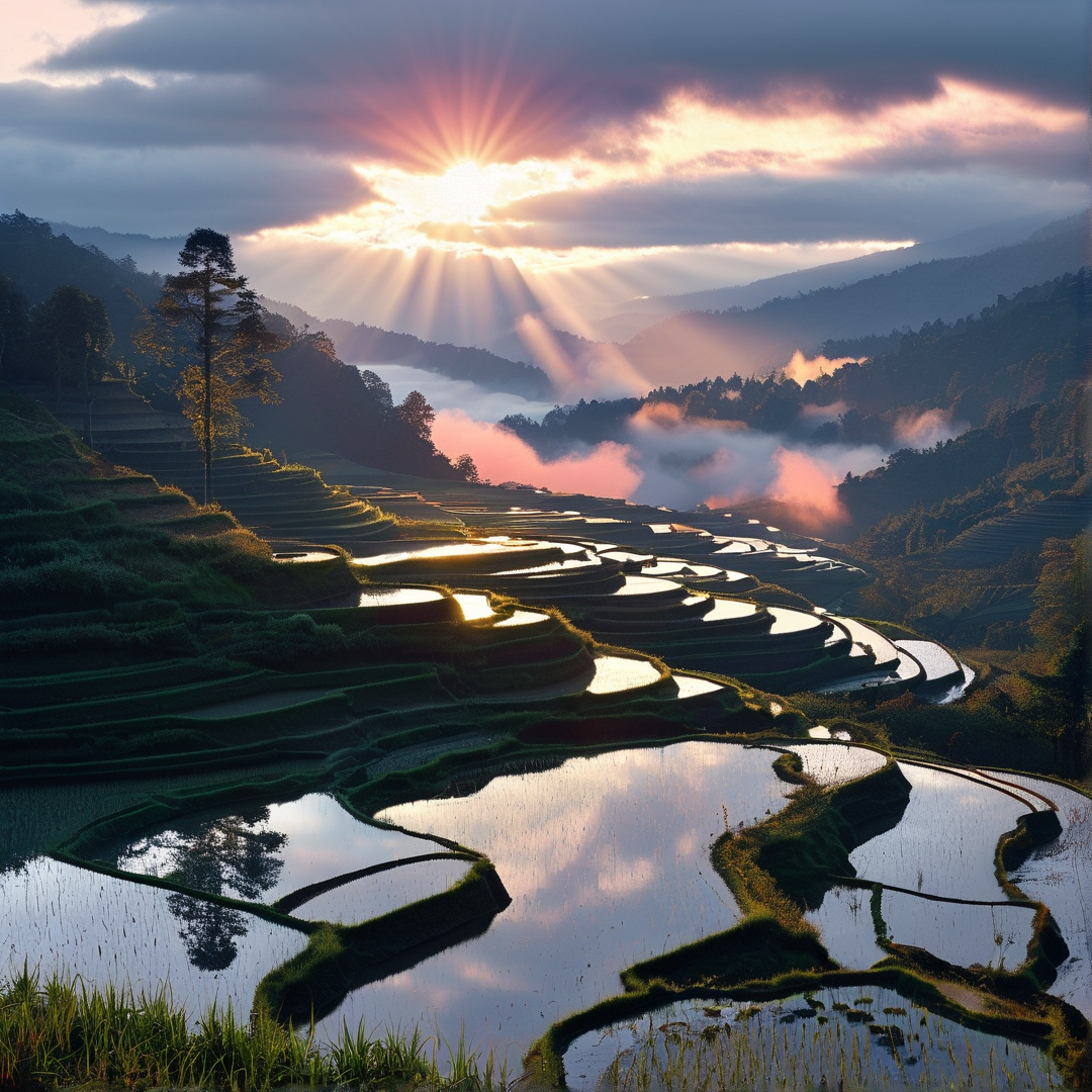 Sunlit Mountain Rice Terraces