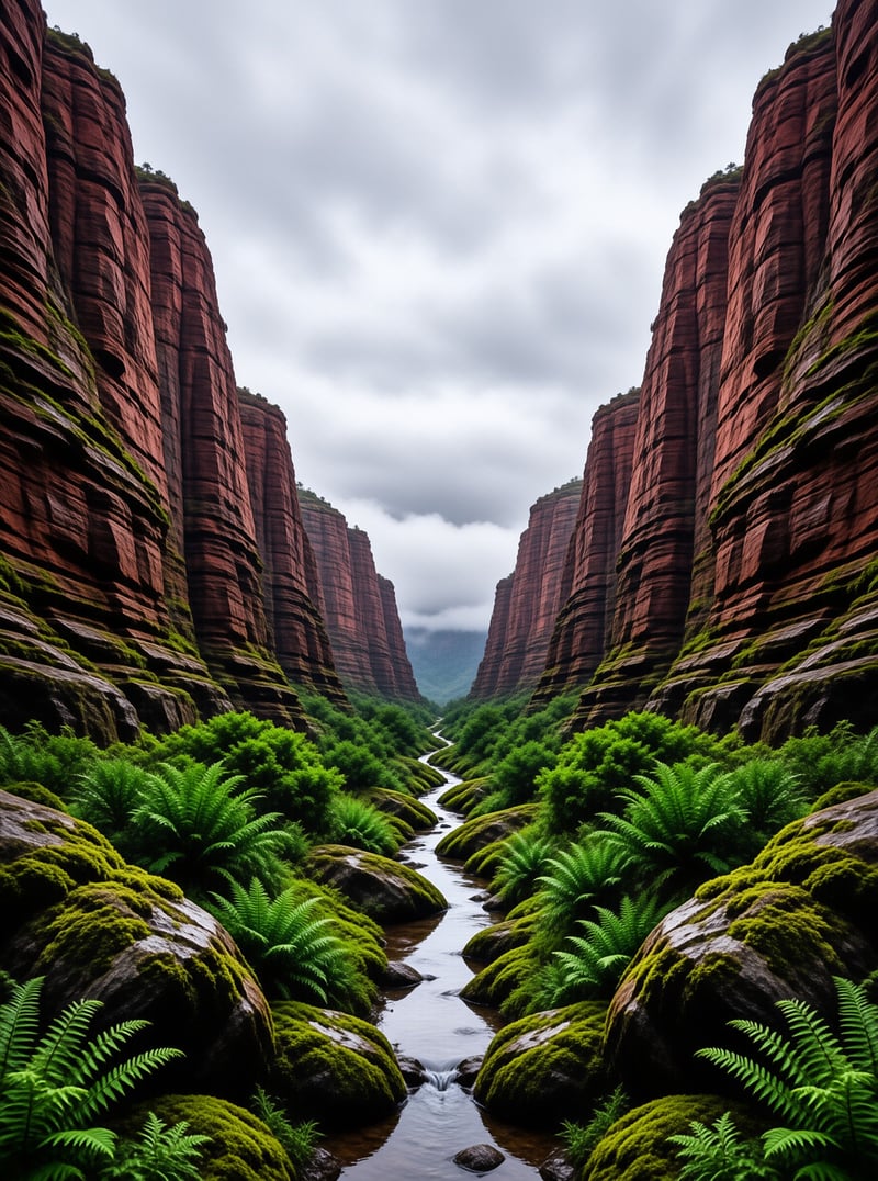 A narrow creek winds through a mossy fern lined gorge between steep layered rust red canyon walls under overcast grey skies.
