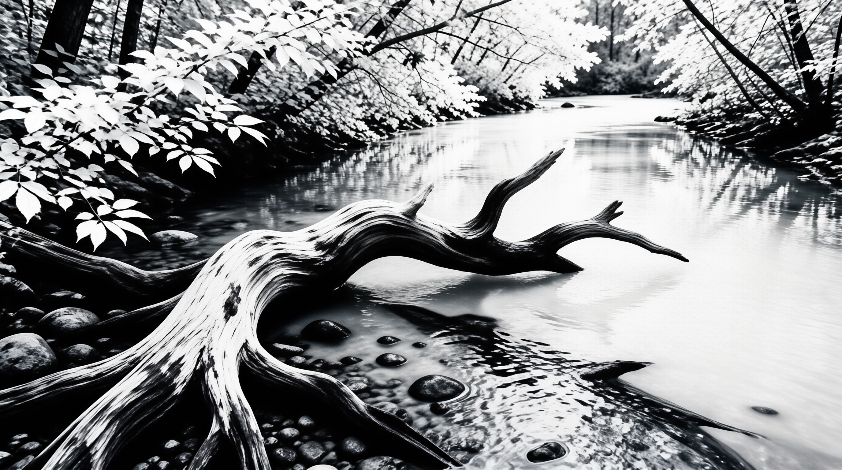 A gnarled pale tree limb curves above a calm forest stream, framed by soft foliage and smooth stones in monochrome.