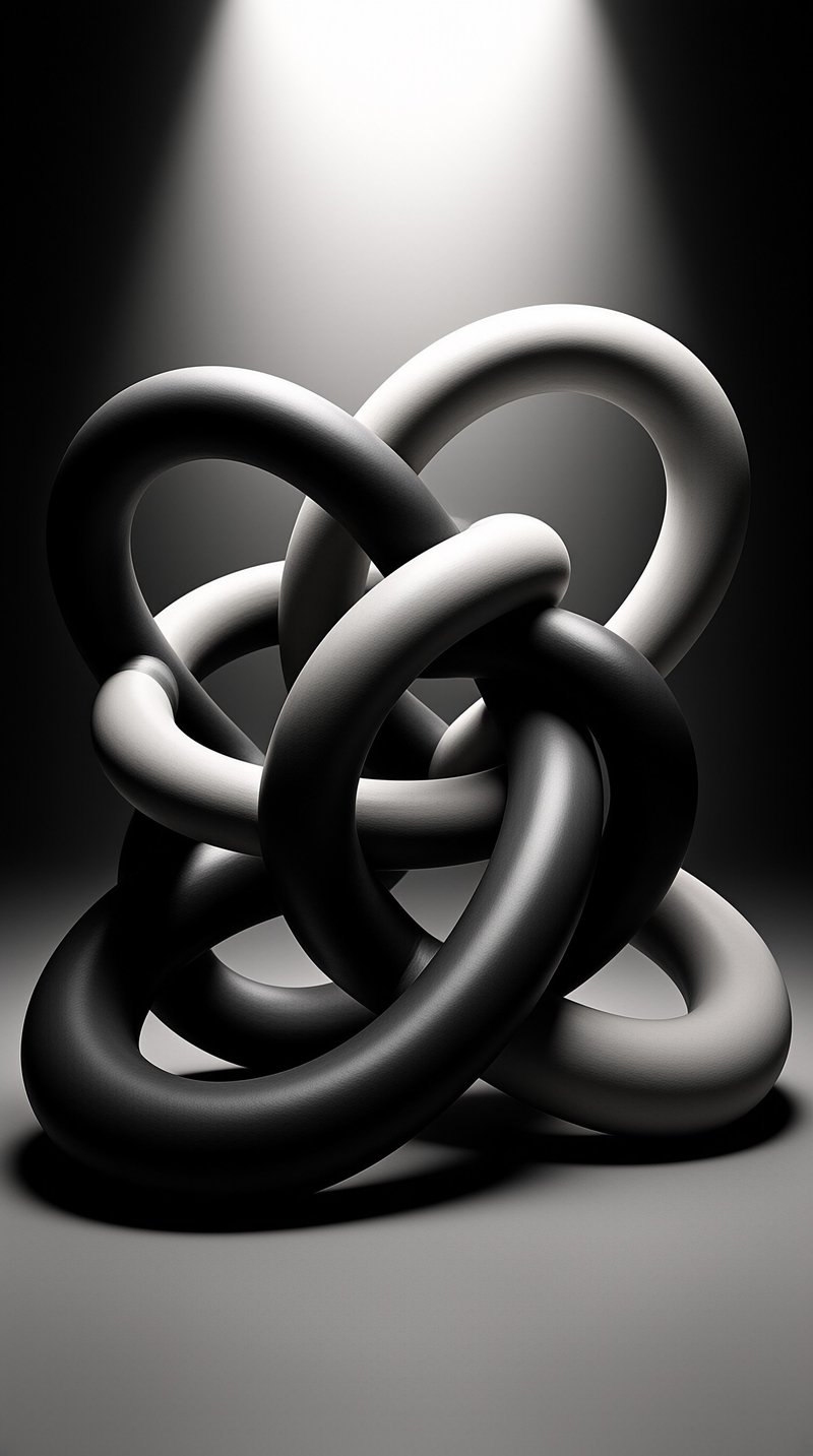 Rounded bands of dark and pale material weave into a knot, spotlighted against a shadowy studio backdrop.