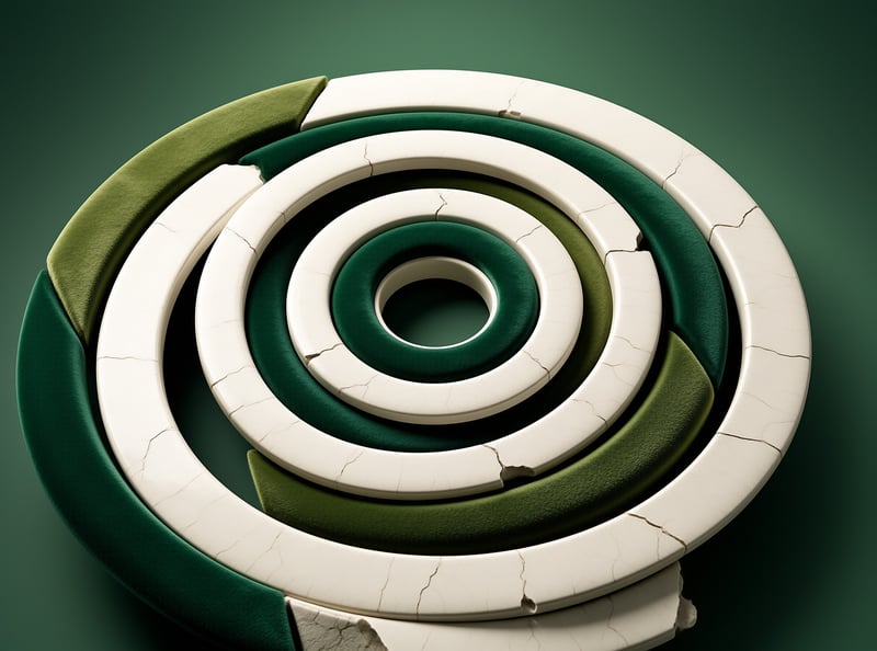A spiral sculpture made of alternating cracked white ceramic pieces and textured green felt segments on a dark green background.