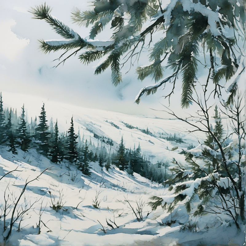 Snow-laden pine boughs frame a sun-dappled mountain slope dotted with evergreen trees under a pale winter sky.