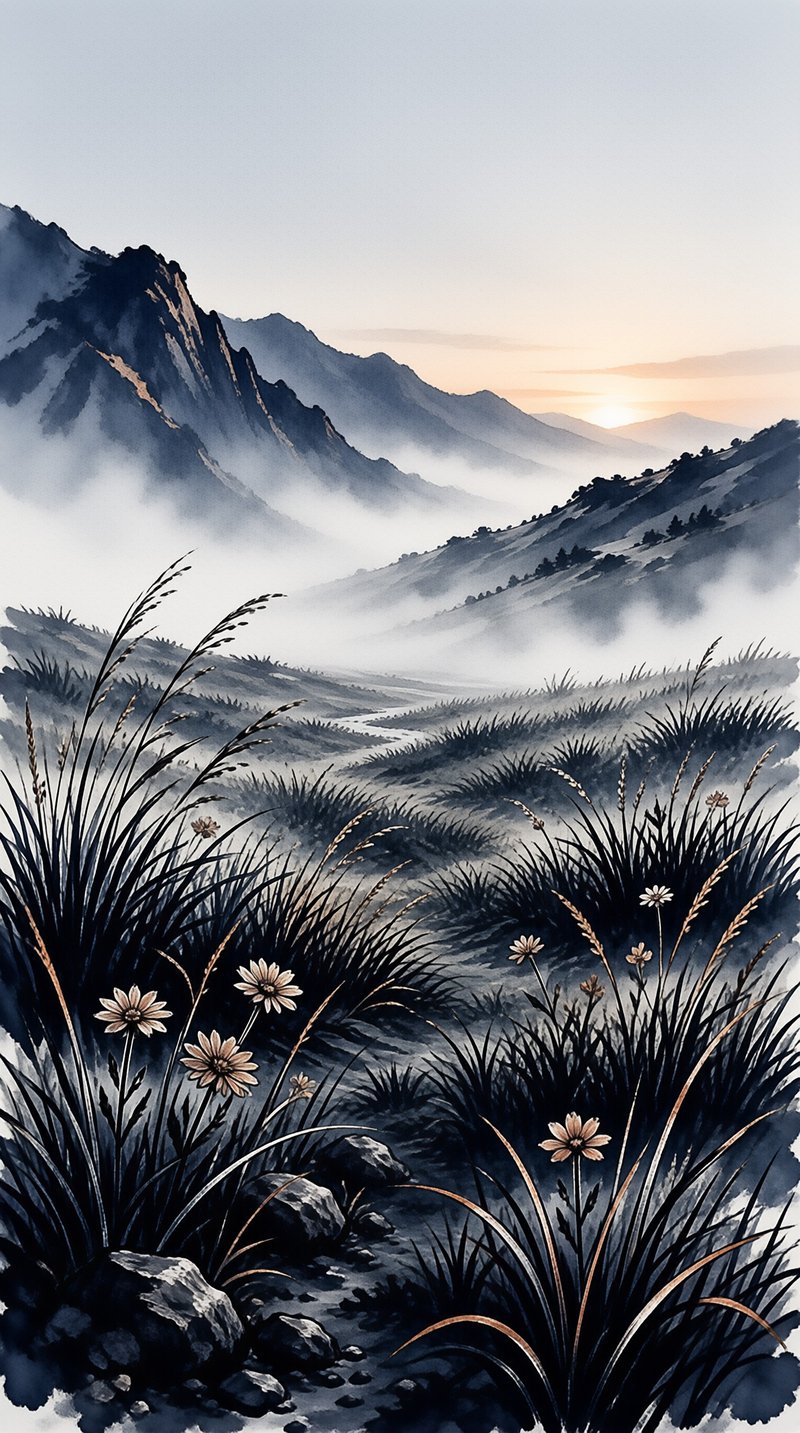Tall dark grasses and white flowers frame a winding path through misty blue mountains under a soft sunrise sky.