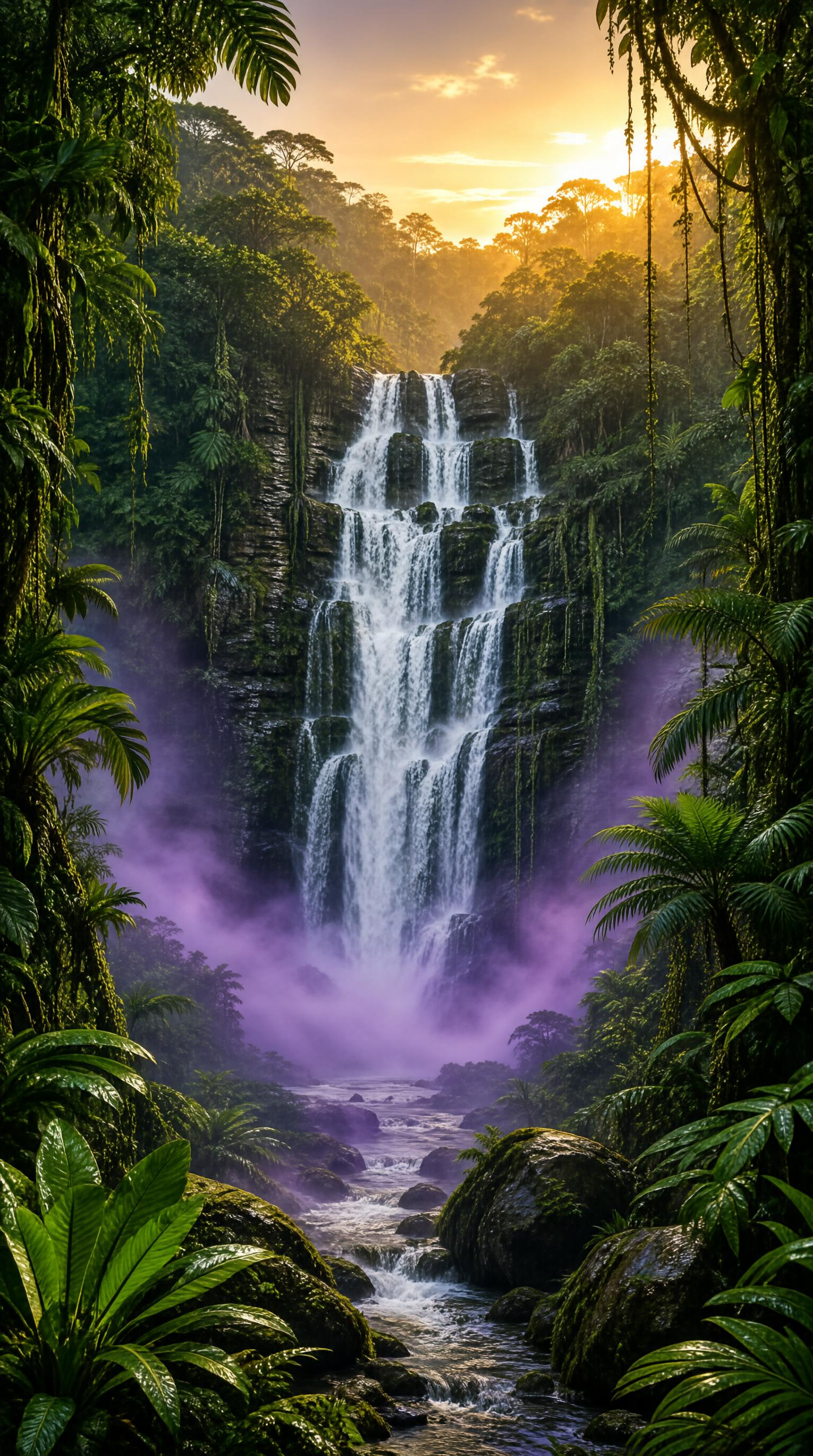 Tropical Waterfall Sunset