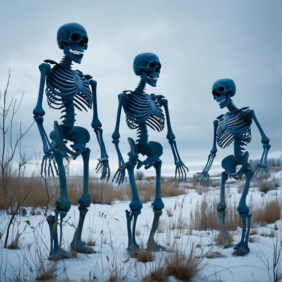 Blue Skeletons in Snowy Field