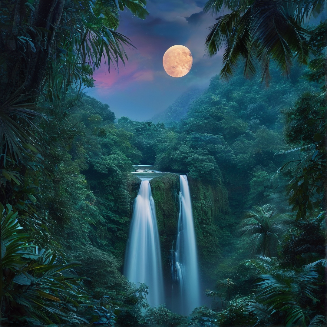 Moonlit Jungle Waterfall